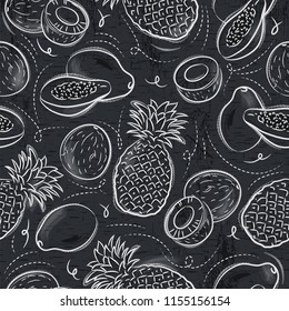 Seamless Patterns with papaya, coconut and pineapple on grunge blackboard.
Ideal for printing onto fabric and paper or scrap booking.