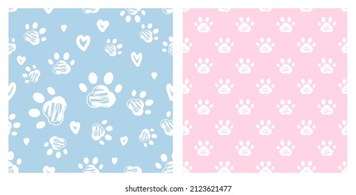 Seamless patterns with paw prints and hand drawn hearts on blue and pink backgrounds vector illustration.