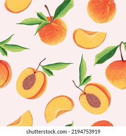 seamless patterns with Peach Fruit. Botanical illustration of Peach. Trendy hand drawn textures.