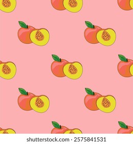 Seamless patterns with Peach Fruit. Botanical illustration of Peach. 