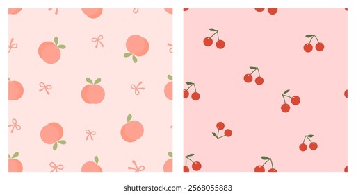 Seamless patterns with peach fruit and cherry on pink backgrounds vector.