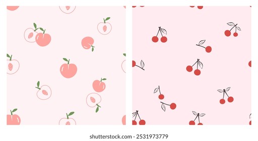 Seamless patterns with peach fruit and cute cherry on pink backgrounds vector. Cute fruit print. 