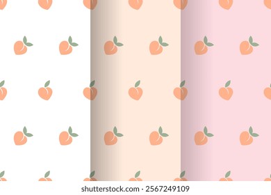 Seamless patterns with peach fruit, green leaves. Set of cute fruit prints vector. Collection of abstract fruit poster. Trendy design for wall decor, postcard, cover, packaging, prints, cases phone.