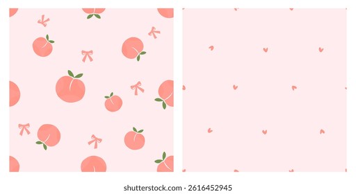 Seamless patterns of peach fruit with green leaves, ribbon bows and small hearts on pink backgrounds vector. 