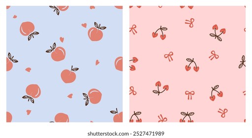 Seamless patterns with peach fruit, heart shape cherry, ribbon bow on blue and pink backgrounds vector. Cute fruit print.