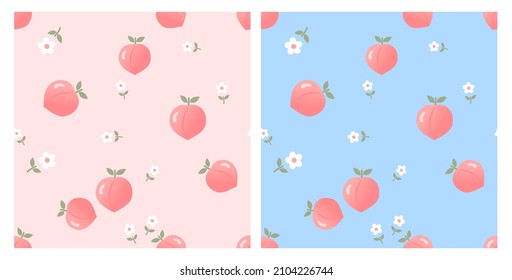 Seamless Patterns With Peach Fruit And Little Flower On Pink And Blue Backgrounds Vector Illustration.