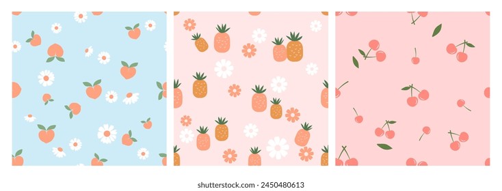 Seamless patterns with peach fruit, pineapple, cherry and cute flower on blue and pink backgrounds vector. Cute fruit prints.