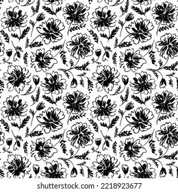 Seamless patterns with pencil drawn flowers. Hand drawn chamomiles or chrysanthemums vector ornament. Abstract spring flowers with stems, leaves and buds. Botanical ornament in childish style.