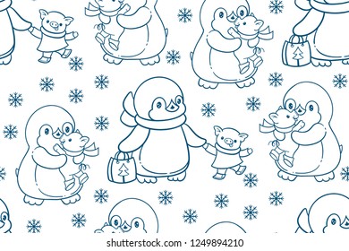 Seamless patterns. Penguins with pigs.  Hand-drawn illustration. Vector.