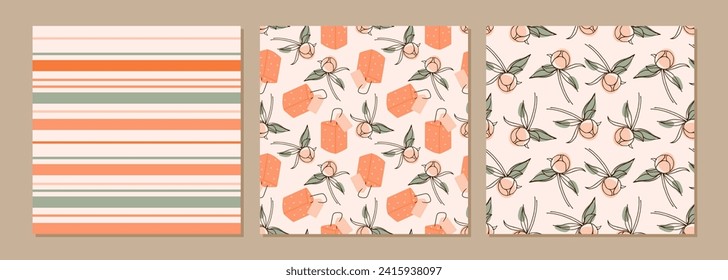 Seamless patterns with peony bud. Background set with peony flowers. Three pattern set. Seamless holiday background. Freehand Repeated prints. Illustration for wallpaper, wrapping paper, textile
