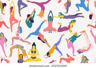 Padrões perfeitos com pessoas fazendo exercícios de fitness, ioga. Diferentes asanas. Conceito de esporte, ginásio, ioga, pilates, fitness. Relaxar o corpo e equilibrar. Ilustração vetorial. Desenho animado estilo simples.