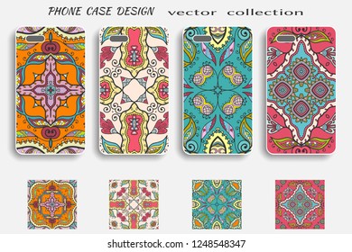 Seamless patterns and phone case mock up set. Decorative background collection with doodle floral geometric ornament. Isolated elements for mobil phone decor. Hand drawn colorful motifs