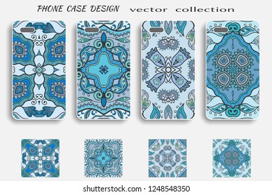 Seamless patterns and phone case mock up set. Decorative background collection with doodle floral geometric ornament. Isolated elements for mobil phone decor. Hand drawn colorful motifs