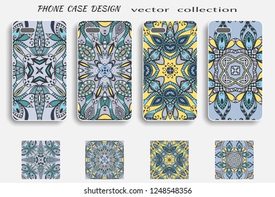 Seamless patterns and phone case mock up set. Decorative background collection with doodle floral geometric ornament. Isolated elements for mobil phone decor. Hand drawn colorful motifs