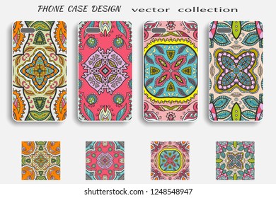 Seamless patterns and phone case mock up set. Decorative background collection with doodle floral geometric ornament. Isolated elements for mobil phone decor. Hand drawn colorful motifs