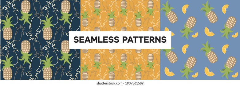 Seamless patterns with pineapple. Fruits background with fresh fruits
