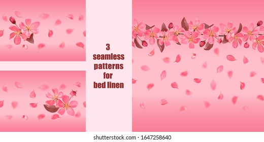 Seamless patterns with pink blossoming cherry and falling petals for bed linen set
