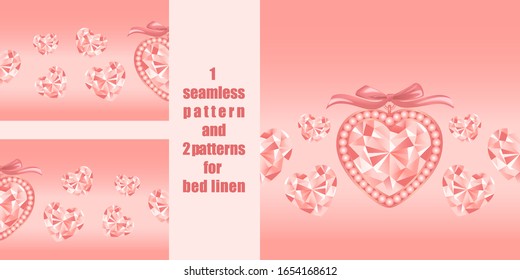 Seamless patterns with pink crystal heart for bed linen set