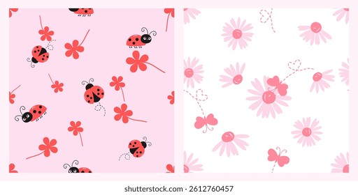 Seamless patterns with pink flower, lady birds cartoons, pink daisies and butterflies on pink and white backgrounds vector. Cute childish prints.