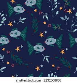 Seamless patterns with Pisces, colorful leaves and stars. Astrological Pisces zodiac. Bright astrological pattern can be used as textile, fabric, wallpaper, banner and other. Vector