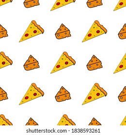 Nahtlose Muster mit Pizza und Käse. Käsesymbol im flachen Stil. Eine Scheibe Pizza. Geeignet für Hintergründe, Postkarten und Umschlagpapier. Vektorgrafik.