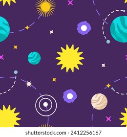 Seamless patterns with planets, stars and asteroids. Vector space illustration
