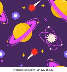 Seamless patterns with planets, stars and asteroids. Vector space illustration
