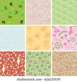 seamless patterns with plants and butterflies - vector backgrounds