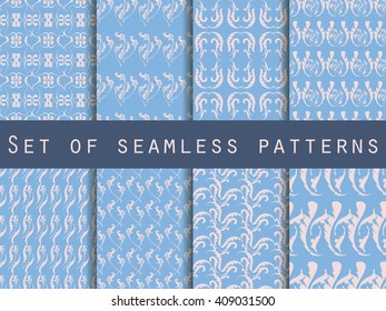 Seamless patterns with plants and flowers. Rose quartz and serenity violet colors.