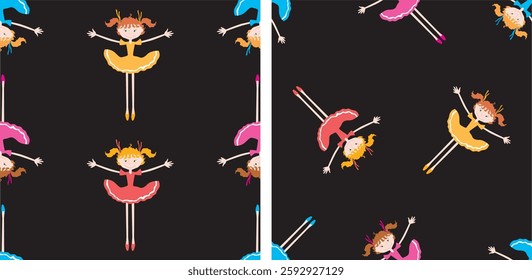 Seamless patterns of playful cartoon little girls, black background, vector illustration, paper, fabric