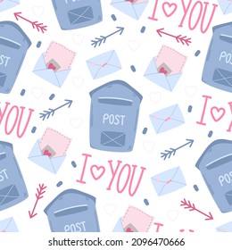 Seamless patterns. Postal elements. Mailboxes, envelopes. Romantic theme. Valentine's Day. Wrapping paper. Vector illustration in flat cartoon style.