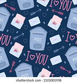 Seamless patterns. Postal elements. Mailboxes, envelopes. Romantic theme. Valentine's Day. Wrapping paper. Vector illustration in flat cartoon style.