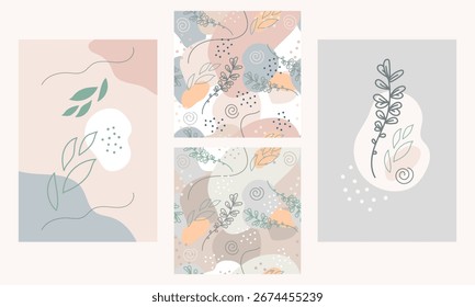 Padrões e cartaz sem emenda com folhas abstratas e pontos em cores pastel macias. Ilustração vetorial moderna e papel de parede, pano de fundo infinito. Design moderno para impressão, papel, tampa, tecido, interior