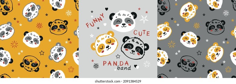 Patrones y afiches impecables con Panda y Estrella. Fondo infantil con rostros de oso chino o bambú. Dibujo de animales divertidos para la impresión de té para niños. Amarillo, gris, blanco