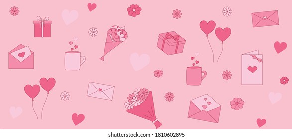 Seamless patterns with presents. Ideas of gifts with present box, gift bow with bow and ribbons, flower bouquet, balloons with heart shape, postcard for valentine's day, birthday, heart, cup, flowers