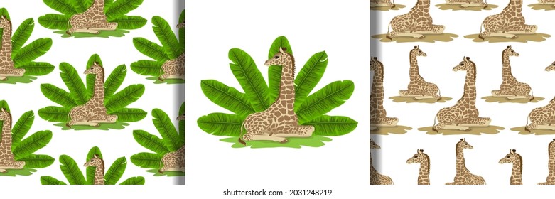 Seamless patterns and print set of giraffe and banana green leaves fan. Tropical wallpaper, animal textile print, exotic background.