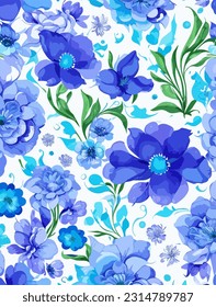 Seamless patterns pruple and bright blue floral vector white background, fabric, textile, fashion, wallpaper