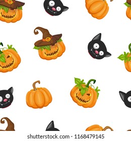 seamless patterns with pumpkins and cats for halloween, vector