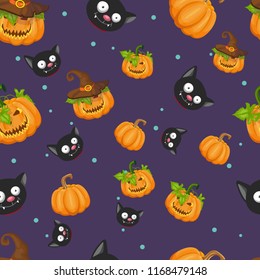 seamless patterns with pumpkins and cats for halloween, vector