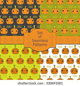 Seamless Patterns with Pumpkins. Halloween Vector Background.