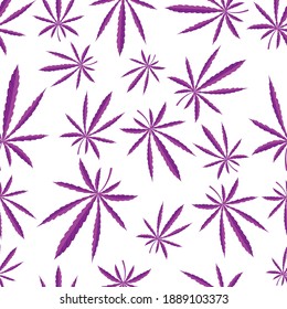 Patrones sin inconvenientes. Hojas moradas de marihuana. Cáñamo de diferentes tamaños, sin orden particular. Cultura Rastaman. Sobre fondo blanco. Ilustración del vector