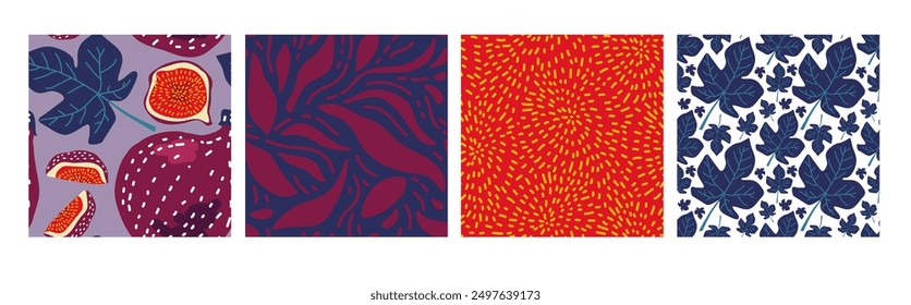 Seamless patterns with Purple Red Figs and abstract forms. Set of four. Repeated vector backgrounds for menu, wallpaper, wrapping paper, packing, textile. Farmers market, Vegan food. hand drawn fruit