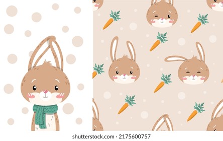 Seamless patterns with rabbit. Repeating image for printing on bed linen. Cute animal with carrot, imaginary character. Mascot or toy, head of adorable bunny. Cartoon flat vector illustration