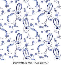 seamless patterns of rabbits with sakura branch. Chinese New year Zodiac 2023 sign element,Fabric Pattern Easter Bunny with Floral fancy hare for Print Wrapping Paper
