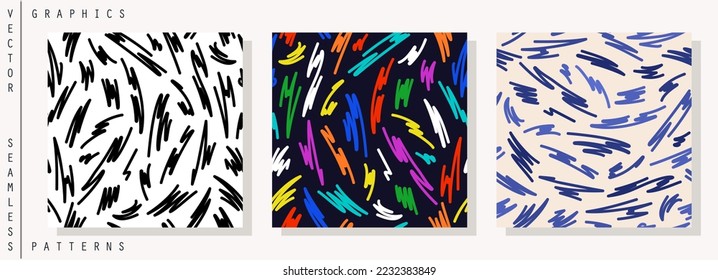 Seamless patterns. Randomly arranged zigzags, squiggles and strokes. Vector template