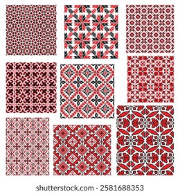 Seamless patterns in red and black traditional design elements inspired by cultural heritage and craftsmanship