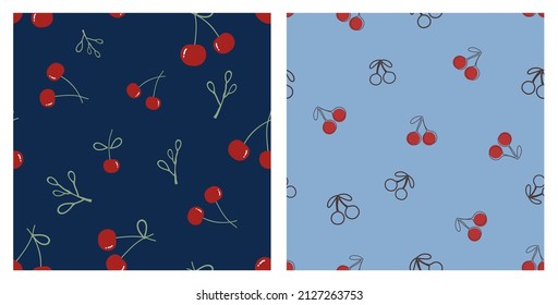Seamless patterns with red cherry fruit and branches on blue backgrounds vector illustration.