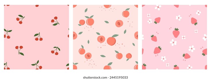 Seamless patterns with red cherry, peach fruit, strawberries, green leaves and white flower on pink backgrounds vector. Set of cute fruit prints vector.