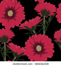 Seamless patterns with red gerbera flowers on black background.
