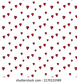 Nahtlose Muster mit roten Herzen. Nahtloser Hintergrund mit Herzen. Valentinstag. Vektorromantischer Hintergrund. Nahtloses Muster mit handgezeichneten Herzen auf weißem Hintergrund. Liebe.  EPS10